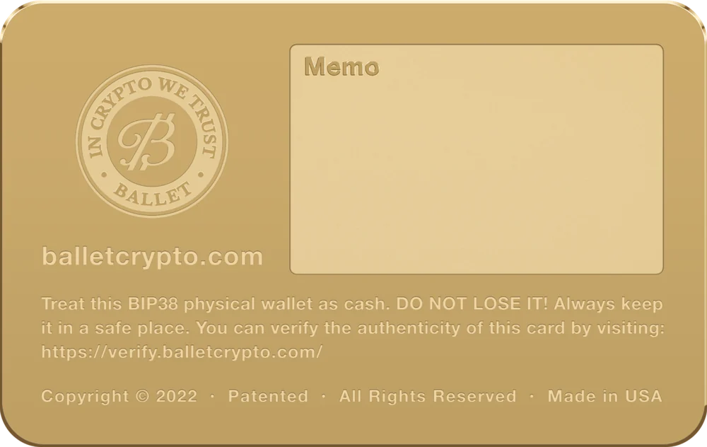24K gold-plated Ballet Bitcoin card, back